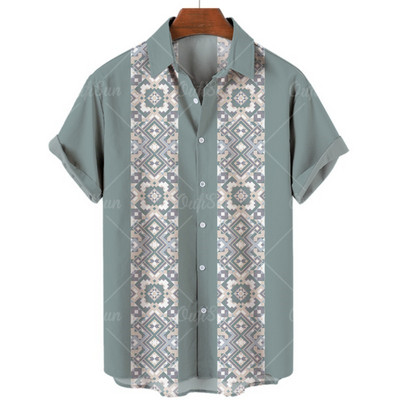 Ανδρικό κοντομάνικο πουκάμισο σε στυλ ανδρικής παραλίας Χαβάης με τρισδιάστατο τυπωμένο vintage χρώμα μπλοκ μόδας Creative Loose Breathable