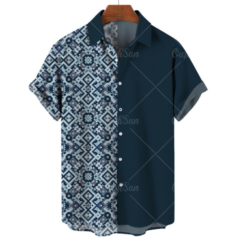 Ανδρικό κοντομάνικο πουκάμισο σε στυλ ανδρικής παραλίας Χαβάης με τρισδιάστατο τυπωμένο vintage χρώμα μπλοκ μόδας Creative Loose Breathable