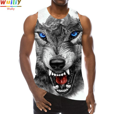 Maieu cu animale pentru bărbați Imprimare 3D Lup cu model fără mâneci Top cu grafic pentru plajă Vestă LA Tricouuri de gimnastică Tricou lupesc Hip Hop Tricou Beast