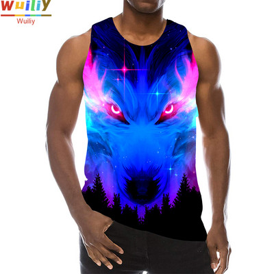 Maieu cu animale pentru bărbați Imprimare 3D Lup cu model fără mâneci Top cu grafic pentru plajă Vestă LA Tricouuri de gimnastică Tricou lupesc Hip Hop Tricou Beast
