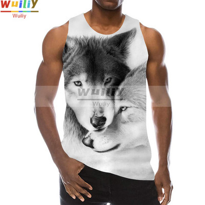 Maieu cu animale pentru bărbați Imprimare 3D Lup cu model fără mâneci Top cu grafic pentru plajă Vestă LA Tricouuri de gimnastică Tricou lupesc Hip Hop Tricou Beast