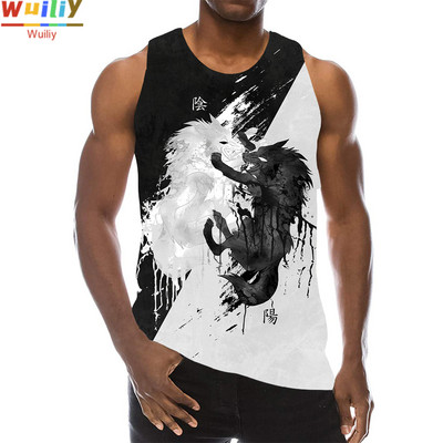 Maieu cu animale pentru bărbați Imprimare 3D Lup cu model fără mâneci Top cu grafic pentru plajă Vestă LA Tricouuri de gimnastică Tricou lupesc Hip Hop Tricou Beast