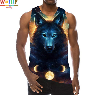 Maieu cu animale pentru bărbați Imprimare 3D Lup cu model fără mâneci Top cu grafic pentru plajă Vestă LA Tricouuri de gimnastică Tricou lupesc Hip Hop Tricou Beast