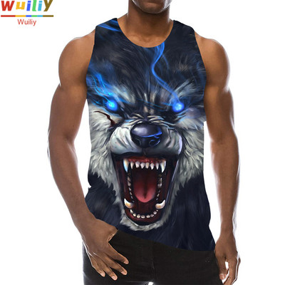 Maieu cu animale pentru bărbați Imprimare 3D Lup cu model fără mâneci Top cu grafic pentru plajă Vestă LA Tricouuri de gimnastică Tricou lupesc Hip Hop Tricou Beast