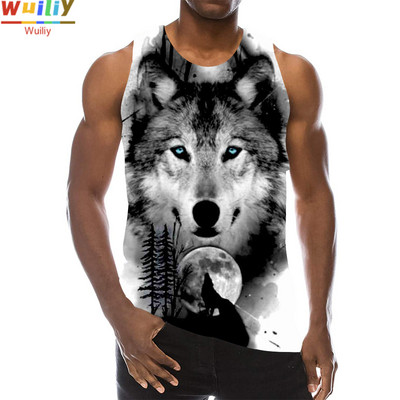 Maieu cu animale pentru bărbați Imprimare 3D Lup cu model fără mâneci Top cu grafic pentru plajă Vestă LA Tricouuri de gimnastică Tricou lupesc Hip Hop Tricou Beast
