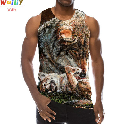Maieu cu animale pentru bărbați Imprimare 3D Lup cu model fără mâneci Top cu grafic pentru plajă Vestă LA Tricouuri de gimnastică Tricou lupesc Hip Hop Tricou Beast