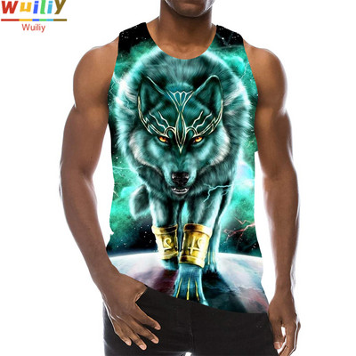 Maieu cu animale pentru bărbați Imprimare 3D Lup cu model fără mâneci Top cu grafic pentru plajă Vestă LA Tricouuri de gimnastică Tricou lupesc Hip Hop Tricou Beast