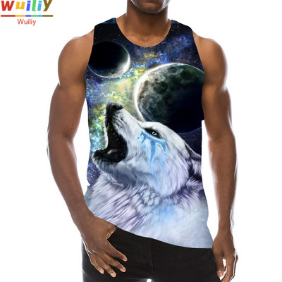 Maieu cu animale pentru bărbați Imprimare 3D Lup cu model fără mâneci Top cu grafic pentru plajă Vestă LA Tricouuri de gimnastică Tricou lupesc Hip Hop Tricou Beast