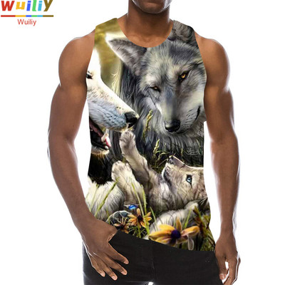 Maieu cu animale pentru bărbați Imprimare 3D Lup cu model fără mâneci Top cu grafic pentru plajă Vestă LA Tricouuri de gimnastică Tricou lupesc Hip Hop Tricou Beast
