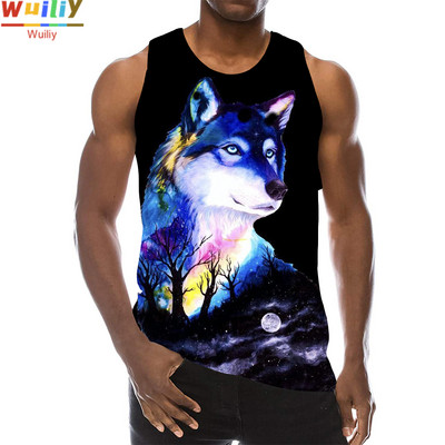 Maieu cu animale pentru bărbați Imprimare 3D Lup cu model fără mâneci Top cu grafic pentru plajă Vestă LA Tricouuri de gimnastică Tricou lupesc Hip Hop Tricou Beast