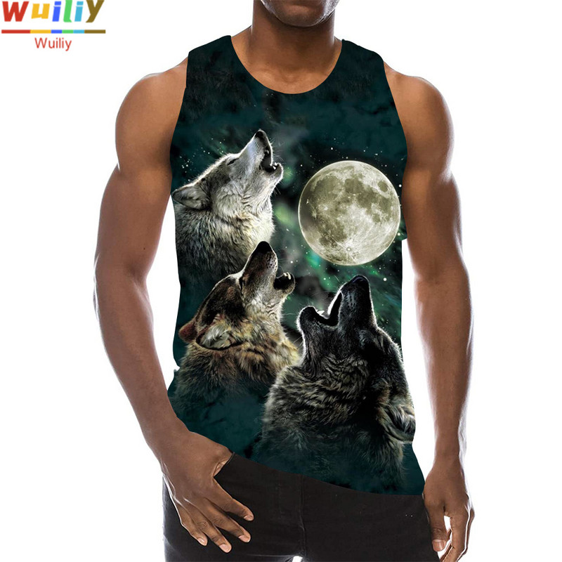 Maieu cu animale pentru bărbați Imprimare 3D Lup cu model fără mâneci Top cu grafic pentru plajă Vestă LA Tricouuri de gimnastică Tricou lupesc Hip Hop Tricou Beast