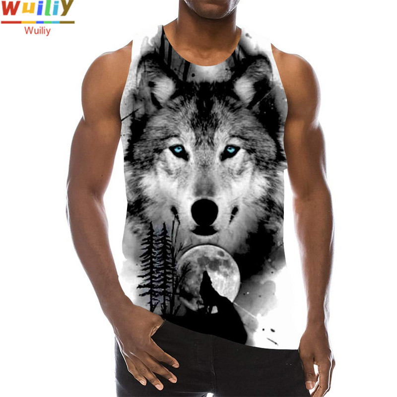 Maieu cu animale pentru bărbați Imprimare 3D Lup cu model fără mâneci Top cu grafic pentru plajă Vestă LA Tricouuri de gimnastică Tricou lupesc Hip Hop Tricou Beast