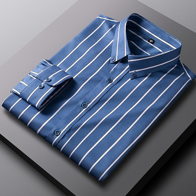 Ανδρικό πουκάμισο με ελαφρύ τέντωμα, χαλαρό ριγέ φόρεμα, χωρίς τσέπη, μακρυμάνικο, άνετα πουκάμισα χωρίς ρυτίδες