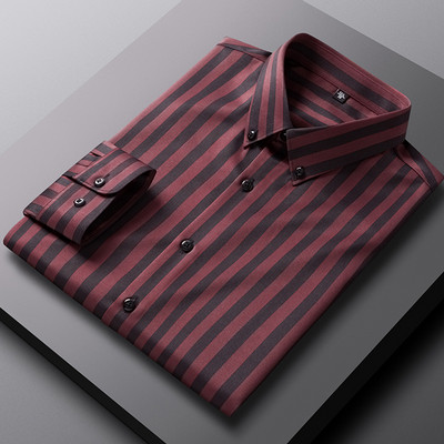 Ανδρικό πουκάμισο με ελαφρύ τέντωμα, χαλαρό ριγέ φόρεμα, χωρίς τσέπη, μακρυμάνικο, άνετα πουκάμισα χωρίς ρυτίδες