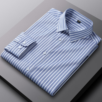 Ανδρικό πουκάμισο με ελαφρύ τέντωμα, χαλαρό ριγέ φόρεμα, χωρίς τσέπη, μακρυμάνικο, άνετα πουκάμισα χωρίς ρυτίδες