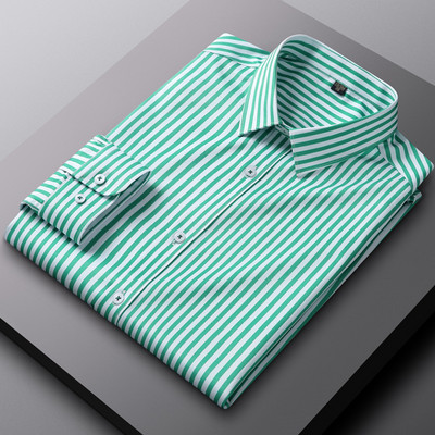 Ανδρικό πουκάμισο με ελαφρύ τέντωμα, χαλαρό ριγέ φόρεμα, χωρίς τσέπη, μακρυμάνικο, άνετα πουκάμισα χωρίς ρυτίδες