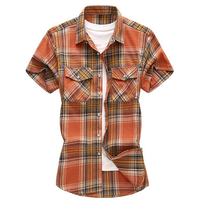 Ριγέ καρό κοντομάνικο πουκάμισο Ανδρικό μονόστομο τετράγωνο γιακά βαμβακερό πουκάμισο Καλοκαιρινή μόδα Casual Camisa Ανδρικό Chemise 7XL