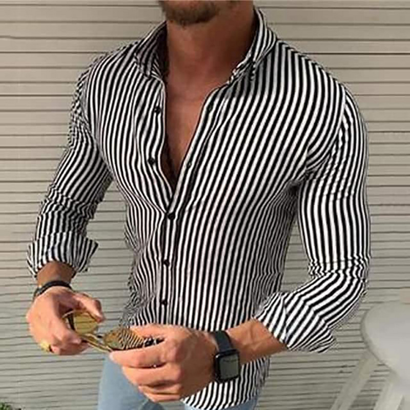 Meeste igapäevane särk Klassikalise disainiga nööbiga pikkade varrukatega särk Slim Fit pendeldaja isiksuse triibuline printimissärk XS-8XL