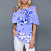 Tricou drăguț și simplu de vară pentru femei, fără umeri, cu mânecă scurtă, cu mânecă scurtă, cu imprimeu de fluturi 3D.