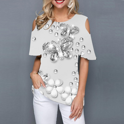 Tricou drăguț și simplu de vară pentru femei, fără umeri, cu mânecă scurtă, cu mânecă scurtă, cu imprimeu de fluturi 3D.