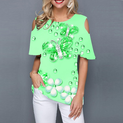 Tricou drăguț și simplu de vară pentru femei, fără umeri, cu mânecă scurtă, cu mânecă scurtă, cu imprimeu de fluturi 3D.