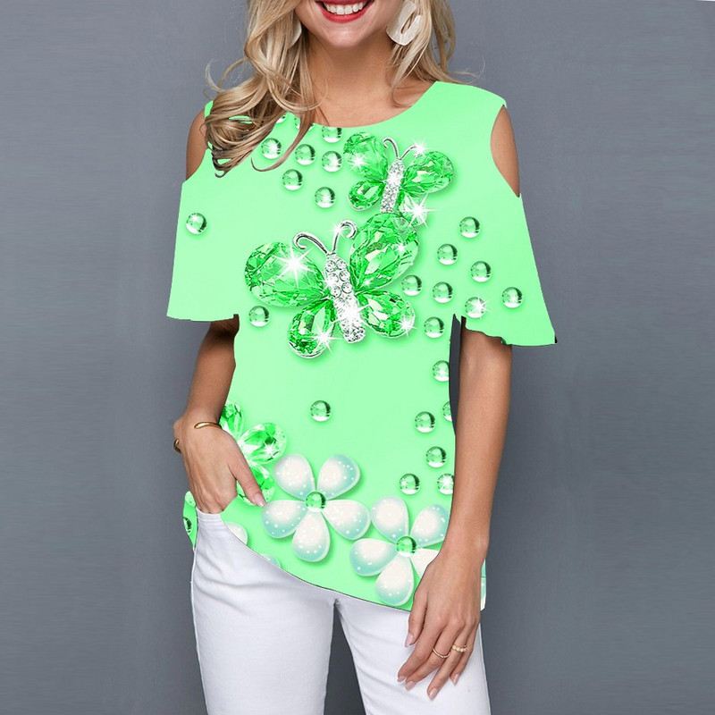 Tricou drăguț și simplu de vară pentru femei, fără umeri, cu mânecă scurtă, cu mânecă scurtă, cu imprimeu de fluturi 3D.