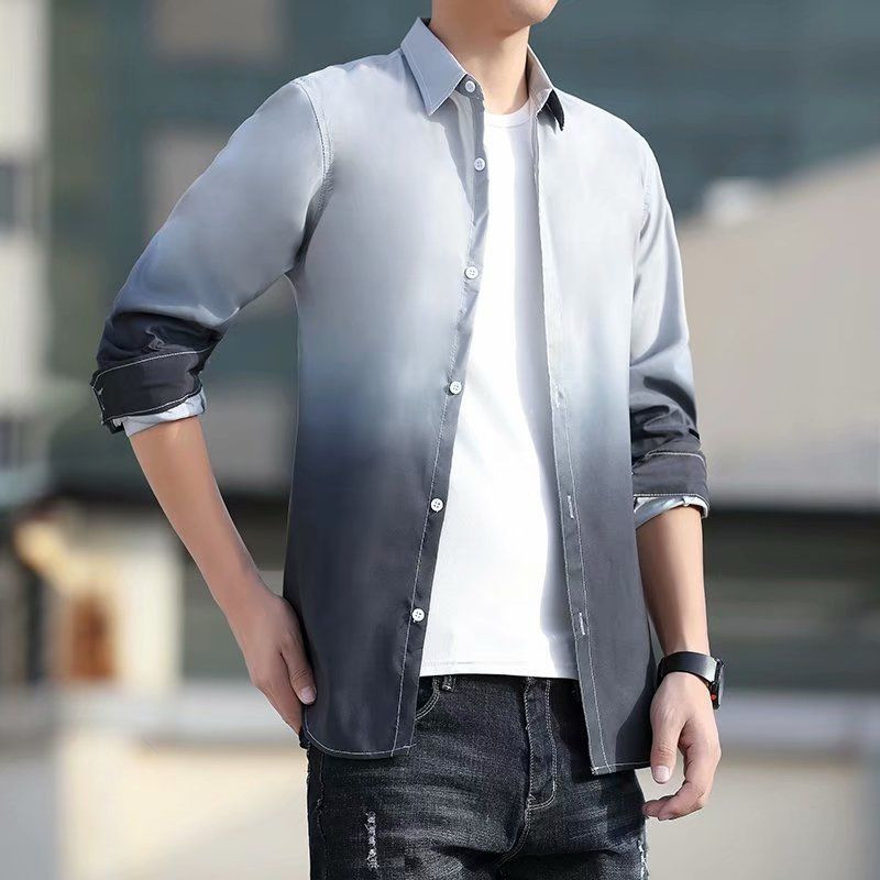 Alkalmi divat Alkalmi lehajtható gallér gomb hosszú ujjú egyszerűség bő férfi tavasz nyár vékony ingek alkalmas férfi ruházat