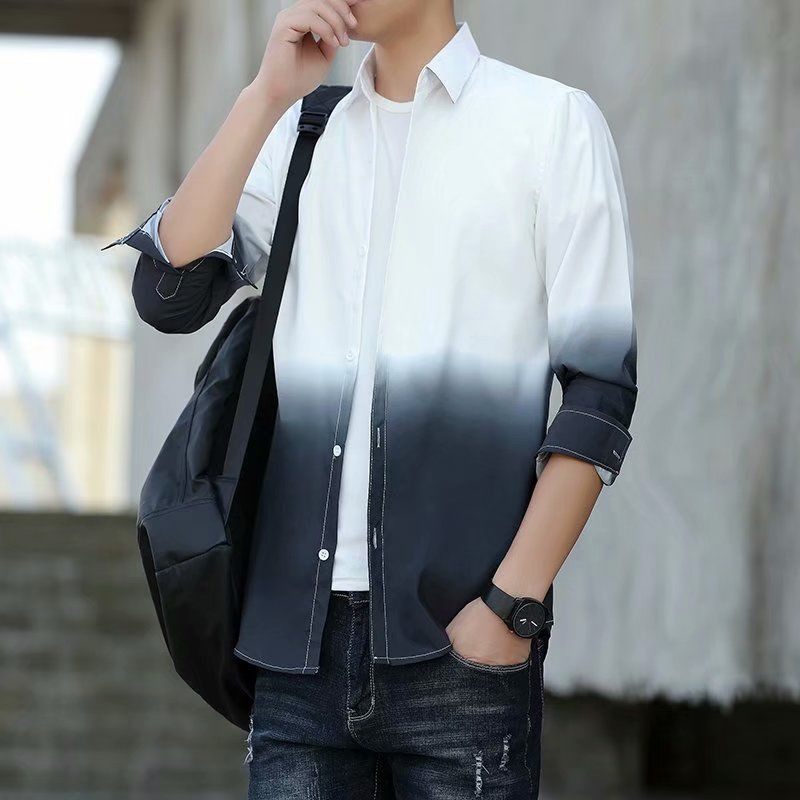 Alkalmi divat Alkalmi lehajtható gallér gomb hosszú ujjú egyszerűség bő férfi tavasz nyár vékony ingek alkalmas férfi ruházat