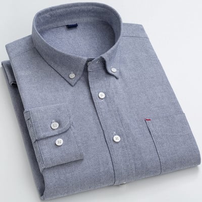 Vyriški 100 % medvilnės Oksfordo laisvalaikio marškiniai, su kišenėmis ilgomis rankovėmis, standartinio stiliaus languoti dryžuoti universalūs marškiniai