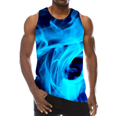 Мъжки сини графични 3D горнища без ръкави, празнични тениски, пламъци, потници, фитнес, момчета, улично облекло, нова жилетка