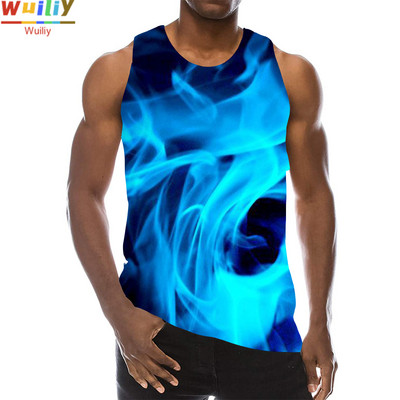 Ανδρικά μπλε γραφικά αμάνικα 3D top Holiday Tees Flame Tank Tops Gym Boys Streetwear Novelty γιλέκο