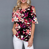 Suvine naiste ümara kaelusega õlgadeta lühikeste varrukatega T-särk 3D mood lilleprintiga must särk vabaaja tänava naiste T-särk