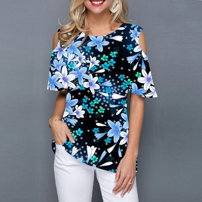 Suvine naiste ümara kaelusega õlgadeta lühikeste varrukatega T-särk 3D mood lilleprintiga must särk vabaaja tänava naiste T-särk