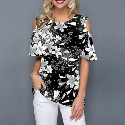 Suvine naiste ümara kaelusega õlgadeta lühikeste varrukatega T-särk 3D mood lilleprintiga must särk vabaaja tänava naiste T-särk