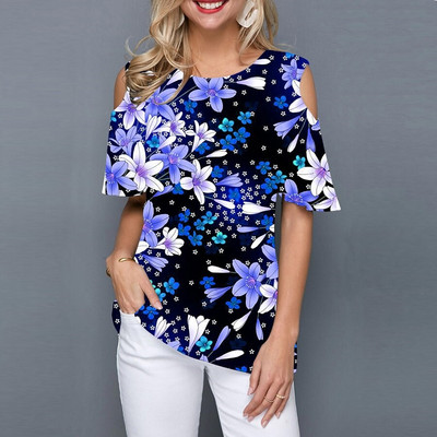 Suvine naiste ümara kaelusega õlgadeta lühikeste varrukatega T-särk 3D mood lilleprintiga must särk vabaaja tänava naiste T-särk