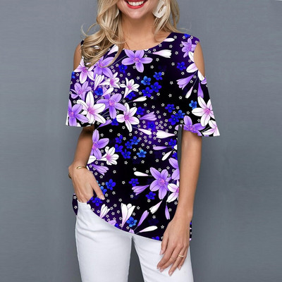 Suvine naiste ümara kaelusega õlgadeta lühikeste varrukatega T-särk 3D mood lilleprintiga must särk vabaaja tänava naiste T-särk