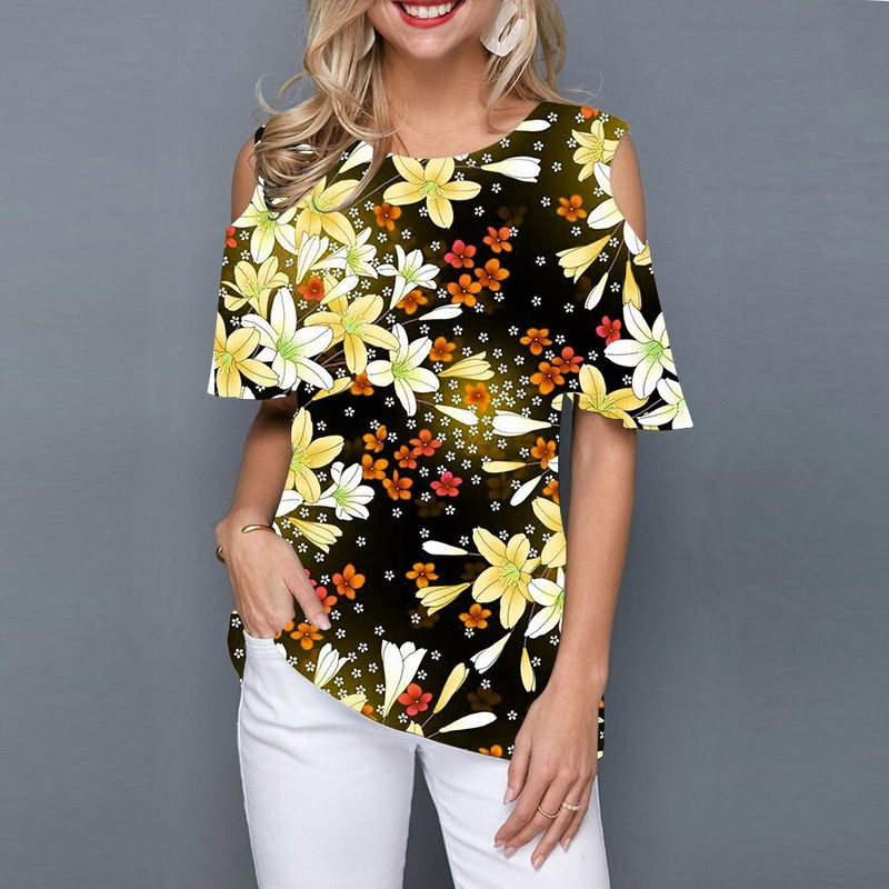 Suvine naiste ümara kaelusega õlgadeta lühikeste varrukatega T-särk 3D mood lilleprintiga must särk vabaaja tänava naiste T-särk