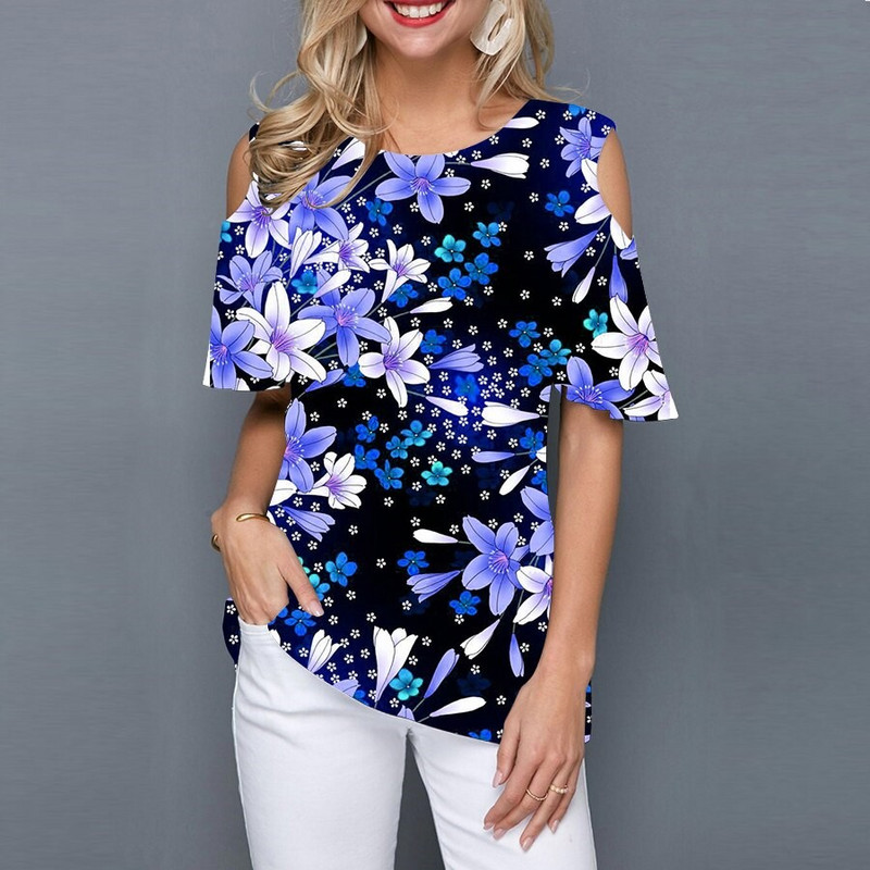 Suvine naiste ümara kaelusega õlgadeta lühikeste varrukatega T-särk 3D mood lilleprintiga must särk vabaaja tänava naiste T-särk