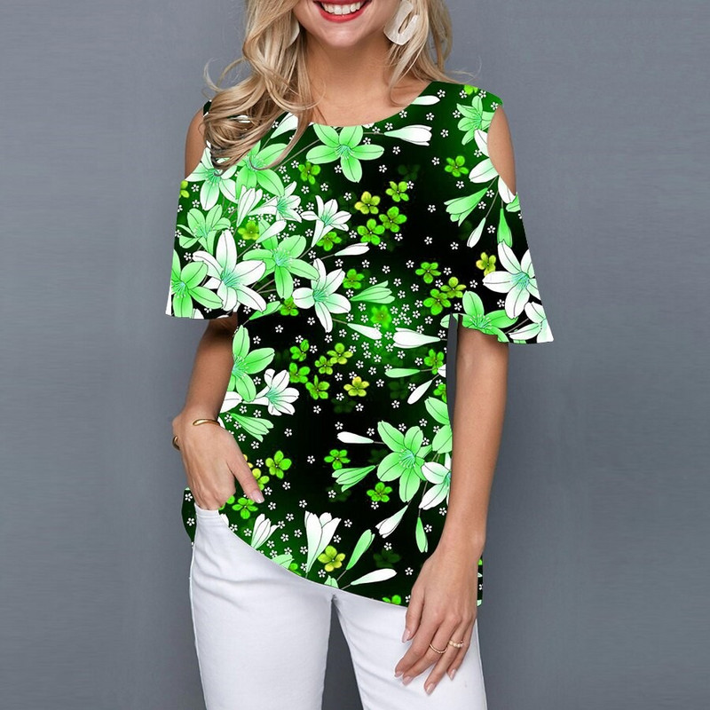 Suvine naiste ümara kaelusega õlgadeta lühikeste varrukatega T-särk 3D mood lilleprintiga must särk vabaaja tänava naiste T-särk