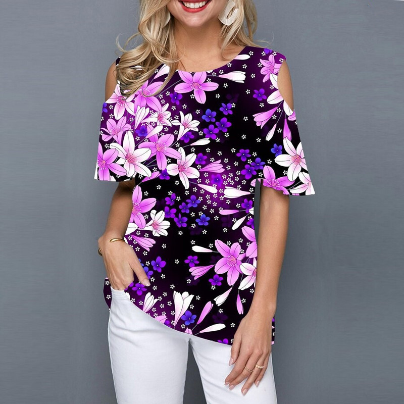 Suvine naiste ümara kaelusega õlgadeta lühikeste varrukatega T-särk 3D mood lilleprintiga must särk vabaaja tänava naiste T-särk