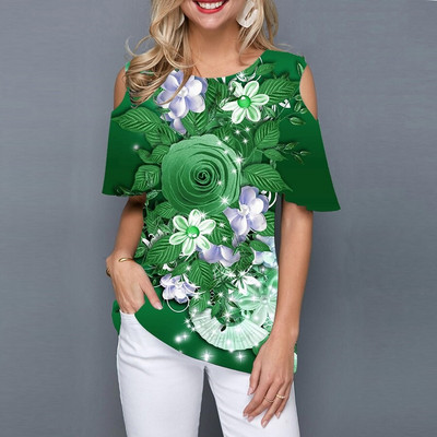 Sieviešu vasaras apkakle ar īsām piedurknēm T-krekls ar īsām piedurknēm 3D modes džemperis ar ziedu apdruku. Ikdienas ielu tendences apģērbu tops