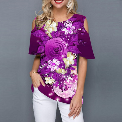 Sieviešu vasaras apkakle ar īsām piedurknēm T-krekls ar īsām piedurknēm 3D modes džemperis ar ziedu apdruku. Ikdienas ielu tendences apģērbu tops