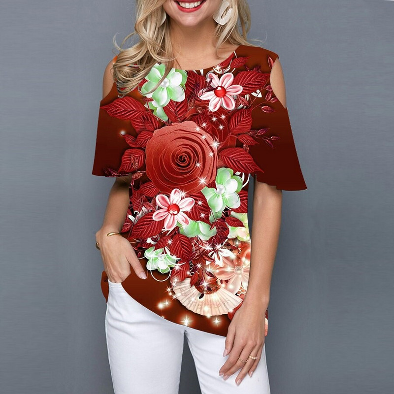 Sieviešu vasaras apkakle ar īsām piedurknēm T-krekls ar īsām piedurknēm 3D modes džemperis ar ziedu apdruku. Ikdienas ielu tendences apģērbu tops