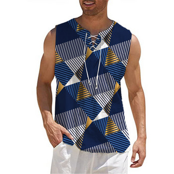 Тънък потник Gym Едноцветен топ Модна мъжка ретро тениска с V деколте без ръкави Лятна плажна улична ежедневна риза