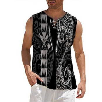 Тънък потник Gym Едноцветен топ Модна мъжка ретро тениска с V деколте без ръкави Лятна плажна улична ежедневна риза