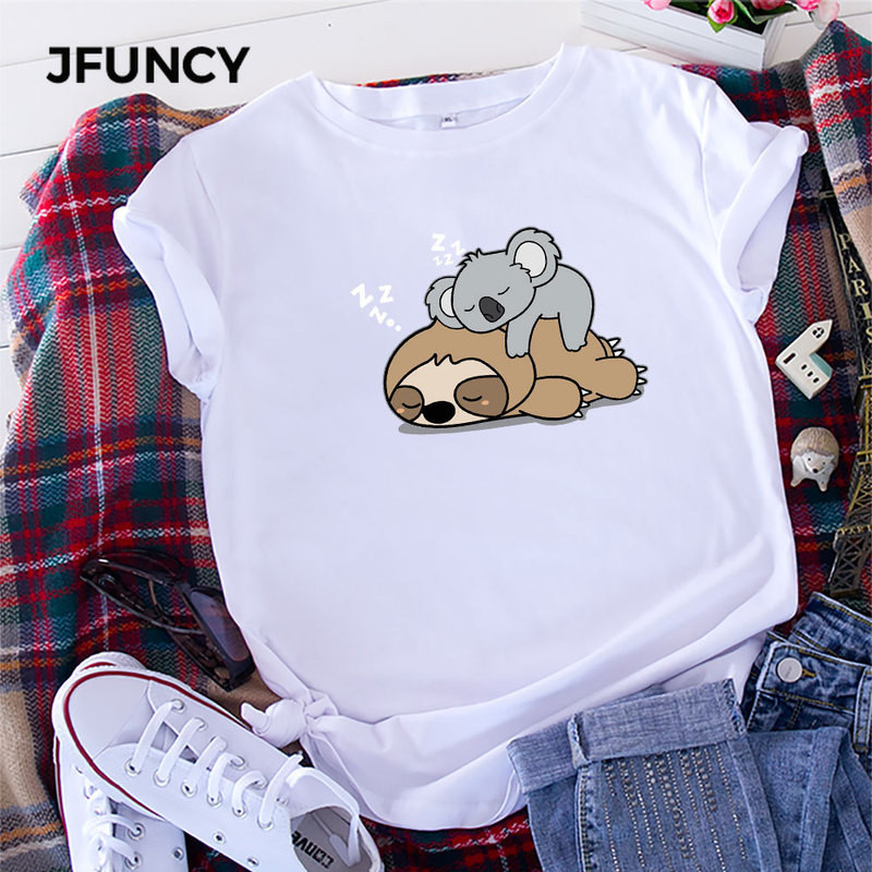 JFUNCY 2023 jauns apdrukāts sieviešu T krekls Vasaras kokvilnas T-krekls ar īsām piedurknēm sieviešu multfilmas T-krekls Sieviešu topi sieviešu krekls