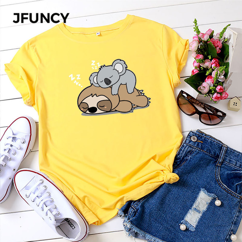 JFUNCY 2023 jauns apdrukāts sieviešu T krekls Vasaras kokvilnas T-krekls ar īsām piedurknēm sieviešu multfilmas T-krekls Sieviešu topi sieviešu krekls
