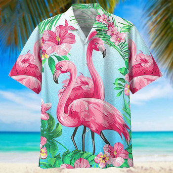 Лятна мъжка хавайска риза за 3d карикатура Flamingo Beach Social Male Oversize Funny Short Sleeve Dazn Clothing Новата обява