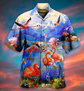 Лятна мъжка хавайска риза за 3d карикатура Flamingo Beach Social Male Oversize Funny Short Sleeve Dazn Clothing Новата обява