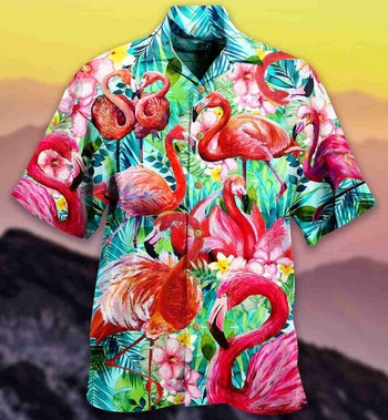 Лятна мъжка хавайска риза за 3d карикатура Flamingo Beach Social Male Oversize Funny Short Sleeve Dazn Clothing Новата обява